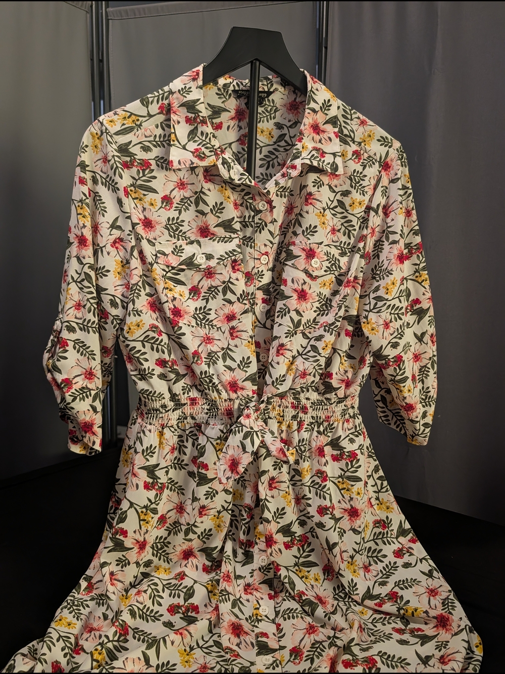 Floral Button-Front Shirt Dress in Ivory with Pink & Green Print XL